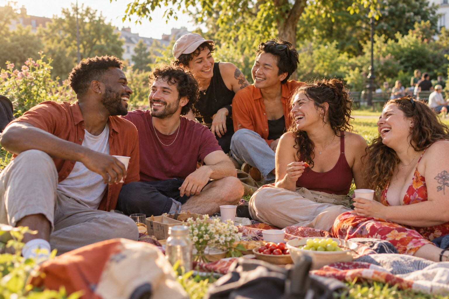 Une communauté qui rit ensemble au parc — visuel de campagne.