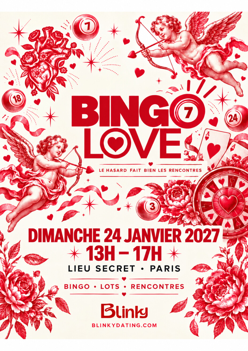 Affiche BINGO LOVE — 24 janvier 2027, 13h à 17h, lieu secret à Paris